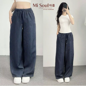 Women Summer Casual Pants Yarn Dyed <b>Lace</b> <b>Elastic</b> Waist Striped Wide Leg Comfortable Lightweight OEM - Product Image 6