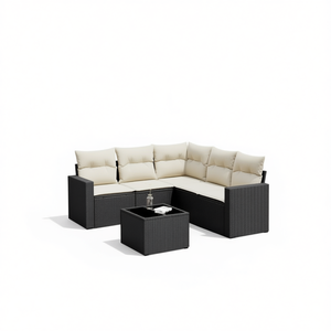 Conjunto de Sofás de Jardín Modernos para Exteriores, Ratán Sintético Negro con Cojines Color Crema, Diseño Contemporáneo Impermeable para Patio - Product Image 1