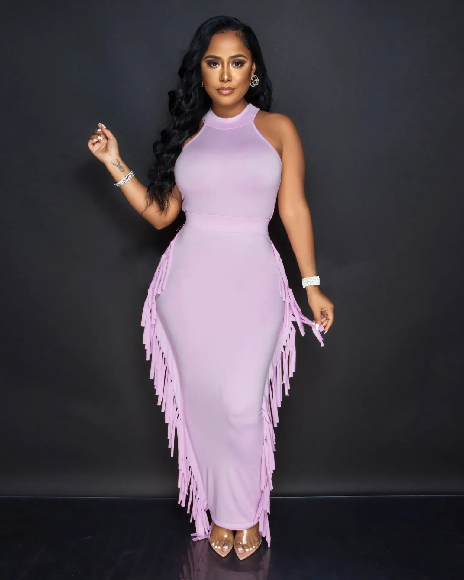 Fashionable Summer Wholesale Price Tassel Fringe Bodycon Sleeveless Purple Sexy Midi Dress