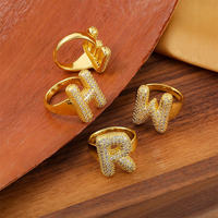 Bague Ouverte Réglable Chunky Tendance en Cuivre Plaqué Or 18K de Luxe, Brillante, en Zircon, Lettres A-Z, Alphabet Initiale