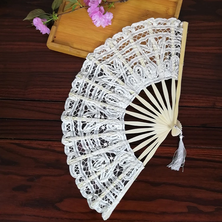 High Quality Wedding Decoration Gifts Craft Fashion Elegant Flower Rose Lace Folding Silk Cloth Hand Fan
