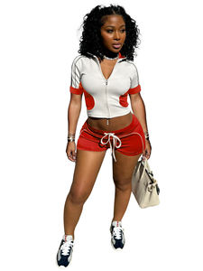 Chaqueta de manga corta de retazos informal de moda al por mayor con logotipo personalizado y Pantalones rectos con cordón, chándal de dos piezas - Product Image 4