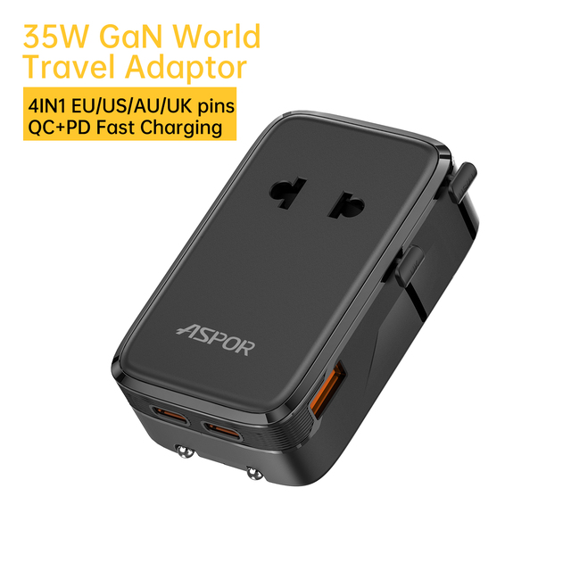 ASPOR A885 Global Travel Adapter All-in-One, 35W GaN Fast Charging with 4 Plugs,Worldwide Compatibility for Phones/Laptop