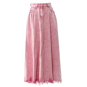 OJW091542 Einzigartige Vintage Streetwear Mode Damen Helle Farbe Lässig gewaschener Denim Jean Langer Maxirock Damen röcke