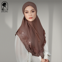 Hiyab Musulmán de Uso Instantáneo con Encaje y Pedrería, Hiyab de Chifón Floral con Apliques de Pedrería, Gorro de Hiyab Transpirable de Poliéster para Todas las Estaciones