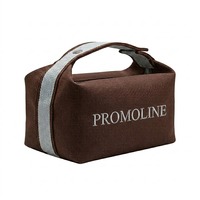 Sac de maquillage en toile de coton marron OEM avec sangle bleue contrastante et poignée supérieure, trousse de toilette de voyage pour produits de soin de la peau, vente en gros