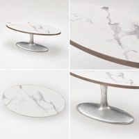 Table basse ovale en marbre artificiel blanc mat avec base en fibre de verre dorée, pour villa, hôtel, vente en gros, sur mesure