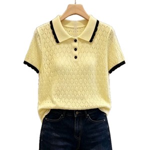 Nuovo Maglione Estivo Traspirante in Poliestere con Colletto a Contrasto in Seta Ghiaccio, a Maniche Corte, da <span class=keywords><strong>Donna</strong></span>, alla Moda, con Dettagli Traforati, Stile Fresco e Delicato - Product Image 5