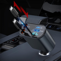 Charger Mobil GaN 4 in 1 dengan Layar LED 120W Tipe A+C 2 Port Pengisian Cepat 3A PD QC3.0 Kabel Retraktil Ganda