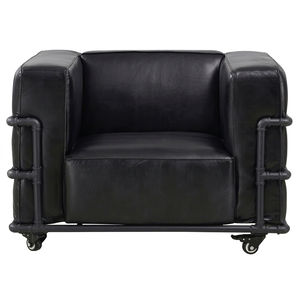 Fauteuil ergonomique moderne en cuir noir avec structure en tube métallique et roulettes pour salon - Product Image 1