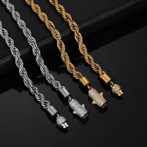 Hip Hop <b>Iced</b> <b>Out</b> Stainless Steel Cuban Curb Rope <b>Chain</b> Necklace with CZ Diamond Clasp, 18K Gold Plated, Men Women Bling Jewelry - Product Image 5