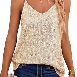 Women <b>Sequin</b> V Neck Sleeveless Camisole Light Gold Breathable Casual <b>Top</b> 3D Effect Polyester Shirt - Product Image 1