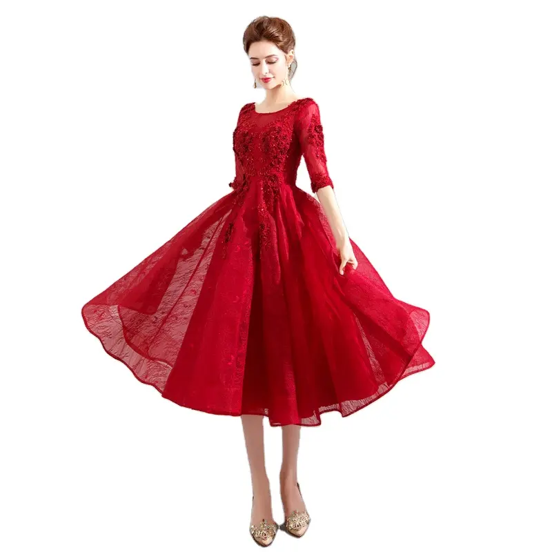 Robe de mariée rouge vin à manches courtes et longues, vente en gros, robe de soirée