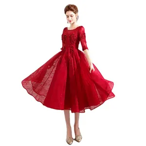 थोक स्वभाव शराब लाल दुल्हन शादी टोस्ट पोशाक लघु लंबी आस्तीन शादी की पोशाक