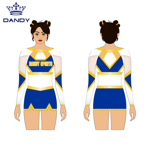 Conjuntos de uniformes de porristas azules con logotipo de apliques de color personalizado, faldas de baile para jóvenes, cristales de licra, ropa de competición - Product Image 6