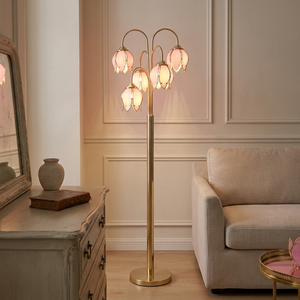 Lampadaire moderne et romantique à fleurs, 5 abat-jour en verre en forme de lotus rose, bras courbés dorés, éclairage d'ambiance pour chambre à coucher et coin lecture - Product Image 5