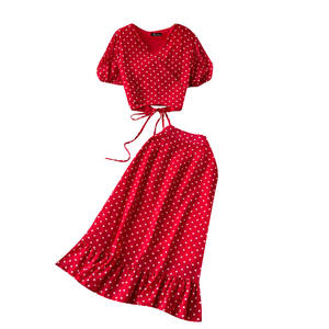 Zomer Casual 2-delig Set voor Dames: Cropped Top en Hoge Taille DOT Chiffon Rok, Kleding Groothandel - Product Image 5