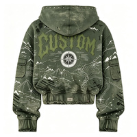 Hoodie Cargo Personnalisé ODM Streetwear Oversize Effet Vieilli Impression DTG Kornit Boussole Topographique