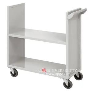 2 Tier Library Literature Book Mobile Trolley Metal Double Sided Book Cart with Wheels Office Document Trolley