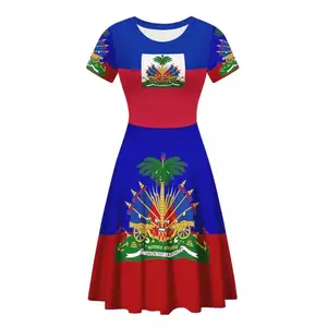 Vestidos estampados con bandera de Haití para mujer, vestidos elegantes de manga corta de talla grande para mujer, vestido informal de verano elástico alto con cuello redondo 2022