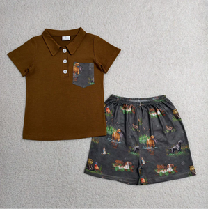 Conjunto Casual de Camisa y Pantalones Cortos de Algodón Orgánico con Estampado de Caza Occidental para Niños Pequeños - Product Image 1
