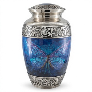 Blue Butterfly Metal Urn with Floral Embellishment Handmade Contemporary <b>Decorative</b> <b>Vase</b> for Sympathy Occasion - Product Image 1
