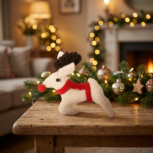 SAMYAK Handmade Wool Reindeer Plush Toy with Red Scarf Nose Eco-Friendly Reusable for <b>Christmas</b> Ages 2-4 Unisex Educational Toy - Product Image 3