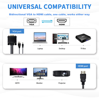 Câble VGA vers HDMI bidirectionnel avec câble d'alimentation USB et câble audio pour projecteur, ordinateur portable, moniteur HDTV
