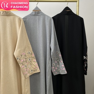 1407#B Latest Muslim Ladies Popular Linen Material Flower Embroidery With Pockets Open <b>Abaya</b> 3 Colors - Product Image 1