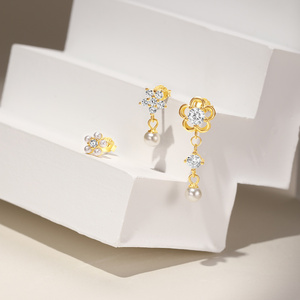 Boucles d'oreilles créoles 3 pièces/ensemble, bijoux fins à la mode en forme de fleur et de goutte d'eau - Product Image 4