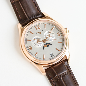 Montre automatique de luxe pour homme en or rose 39 mm, cadran <span class=keywords><strong>crème</strong></span>, affichage de la réserve de marche, calendrier annuel, phase de lune, bracelet en <span class=keywords><strong>cuir</strong></span> - Product Image 4