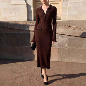Abito in Maglia con Volant Stile Francese 2026 Autunno Inverno, Vestito Midi Aderente con Collo a Risvolto, Lusso Leggero per Donna - Product Image 4