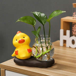 Porte-plantes en céramique en forme de canard mignon, vase hydroponique rond en verre, ornement décoratif pour salon, bureau - Product Image 4