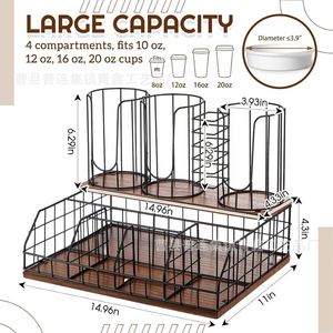Organizador de café de hierro de 2 niveles, estante de metal y madera para tazas, cápsulas, bolsitas de té, almacenamiento para oficina y hogar. - Product Image 4