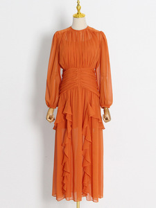 Alta qualità stile spiaggia bassa quantità elegante gonna arruffata 2023 autunno nuova moda girocollo <span class=keywords><strong>abito</strong></span> a pieghe a maniche lunghe - Product Image 3