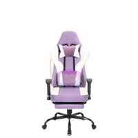 Chaise de bureau ergonomique en similicuir PU violet et blanc à dossier haut, avec fonction massage, repose-pieds et hauteur réglable, idéale pour le gaming et l'ordinateur
