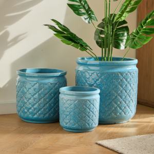 Juego de 3 Macetas de Cerámica Mdj, Redondas, con Patrón Geométrico Azul, para Interiores y Exteriores, para Hogar y Jardín, Estilo Moderno - Product Image 4