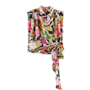 Chemisier floral personnalisé printemps 2026 à épaulettes rembourrées - Haut sans manches en mousseline avec ceinture à nouer pour <span class=keywords><strong>femme</strong></span>, OEM/ODM par l'usine chinoise - Product Image 1