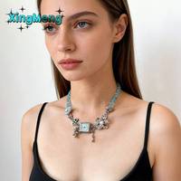 Kalung Liontin Jam Tangan XM N136 Biru Muda Berhias Manik-Manik untuk Wanita, Perak dengan Kristal Bunga dan Liontin Anggur, Perhiasan Menonjol