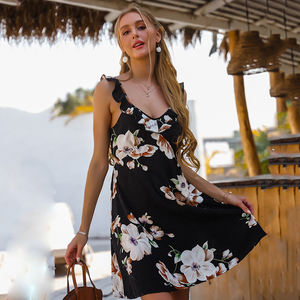 Mùa Hè Ngày Cô Gái Ngọt Ngào Quần Áo Giá Rẻ Bán Hàng Trực Tuyến Đen Không Tay Sexy Woman Floral Print Voan Váy Giản Dị