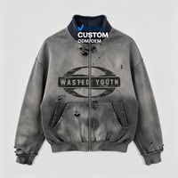 Veste streetwear personnalisée OEM, coupe ample, délavée à l'acide, effet usé, déchirée, couleur soleil délavé
