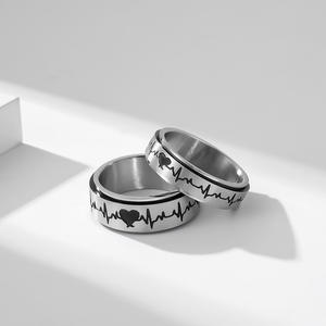 Rotating Electrocardiogram Couple Titanium Steel <b>Ring</b> Heart Pattern Unisex Jewelry Gift 6mm 8mm Black Steel Color - Product Image 3