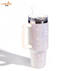 Taza de cerveza de acero inoxidable con aislamiento de café con diamantes de imitación de 40oz personalizada, tazas de vaso de vino con asa