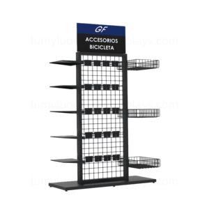 Support d'affichage au sol en métal à 4 côtés avec étagères, crochets, paniers en treillis métallique pour pièces de vélo, équipement de sport de plein air, magasin de vente au détail, rayonnages - Product Image 2