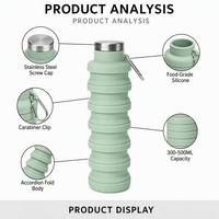 Bouteille d'eau pliable en silicone avec logo personnalisé, sans BPA, de qualité alimentaire, pliable, portable, anti-fuite, pour les voyages en plein air, les sports, OEM ODM