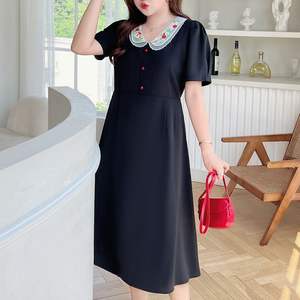 Robe midi noire à col Peter Pan brodée, taille haute, Runqi N8711, pour femmes, été, décontractée, à porter au quotidien - Product Image 5