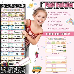 Daily Schedule Pocket Chart 31 Reusable Cards 14 Pockets Time Management Classroom <b>Decor</b> Back To School Plastic Board - Product Image 4