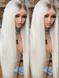 Perruque Lisse Soyeuse Complète pour Femme, Cheveux Vierges Blond Blanc avec Racines Cendrées, Sans Colle, HD Transparente, 180% Densité, Petite Longueur - Product Image 6