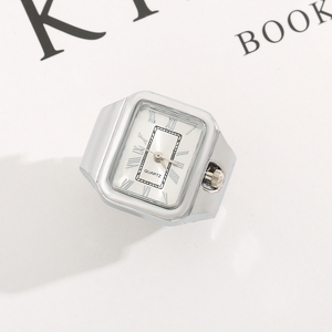 Bague-montre à quartz en alliage plaqué argent, simple, avec logo personnalisé, <span class=keywords><strong>pour</strong></span> <span class=keywords><strong>cadeau</strong></span> <span class=keywords><strong>de</strong></span> fiançailles ou <span class=keywords><strong>de</strong></span> <span class=keywords><strong>mariage</strong></span>, bracelet extensible élastique à deux aiguilles - Product Image 4