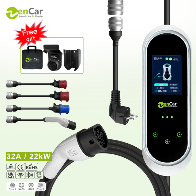Zencar Smart Portable Electric Car Charger 22kW 32Amp EV Charger Type 2 IEC 62196-2 Standard EU Plug with Optional Adapters